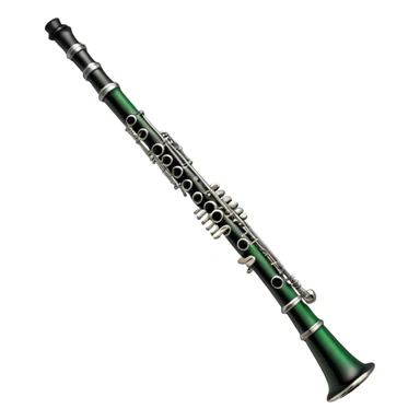 Create an elegant and refined emoji representing A clarinet. The design should showcase the sleek, black wood finish of the clarinet with its shiny metal keys and elegant detailing. Include the distinct, high-quality features of the Green Line model, such as the unique greenish tint of the wood, giving it a modern and sophisticated look. Add subtle elements like the mouthpiece with the reed, emphasizing its importance in sound production. Use dark tones like ebony, silver for the keys, and soft light reflections to evoke a professional, classical feel. The background should be transparent. sticker