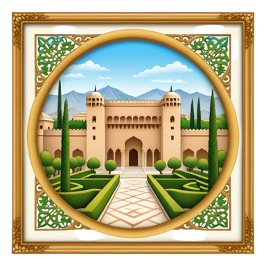 Cinematic Realistic Alhambra Landmark Emoji, showcasing the ornate historic palace with lush gardens rendered with rich textures and soft, majestic lighting. sticker