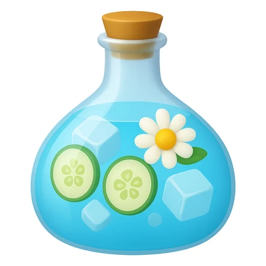 Edit the bottle in the same shape as the reference image. The liquid inside should be color #6fdef1. Inside the bottle, include cucumber slices, ice cubes, and a chamomile flower. The style should resemble apple emoji style with concise and clean details. sticker