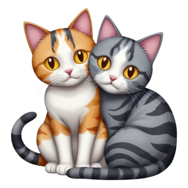 full body colourful light patched calico + white tabby cat cuddling a bigger cat that is dark grey and white tabby cat  and they are in love sticker