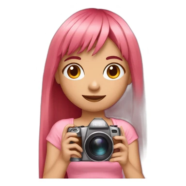 girl with long, straight rose hair and fringe and holding camera and wearing pink bralette sticker