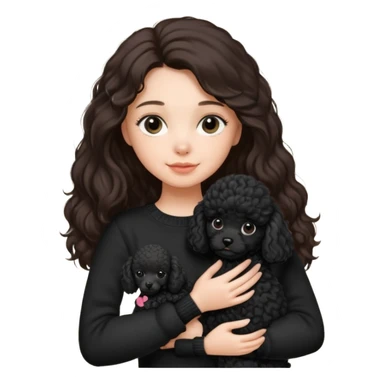 One Brunette girl with long hair in a black sweater holds a single black Poodle puppy in her arms sticker