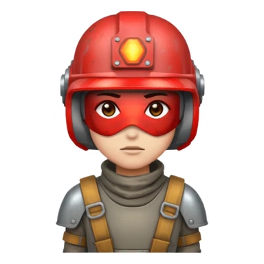 A tiny 2D pixel-art human survivor, wearing a grey scrap-metal helmet, red glowing visor, post-apocalyptic style, standing forward emoji. sticker