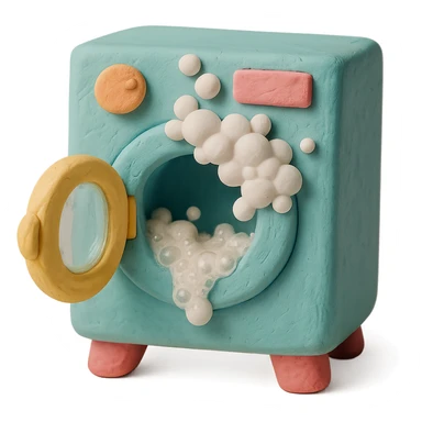 playful washing machine in claymation style with bubbly soap and open door, pastel colors sticker