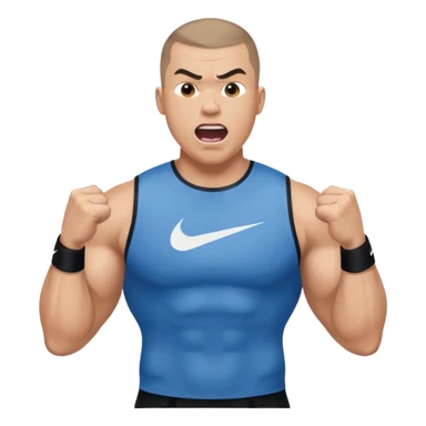 Big muscle man shouting , buzzcut hair, waering compress shirt nike sticker