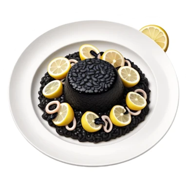 cinematic-realistic-black-risotto-dish,-showcasing-small squid pieces-rendered-with-bold-textures-and-dynamic,-dramatic-lighting in a white plate with a grilled lemon on top sticker