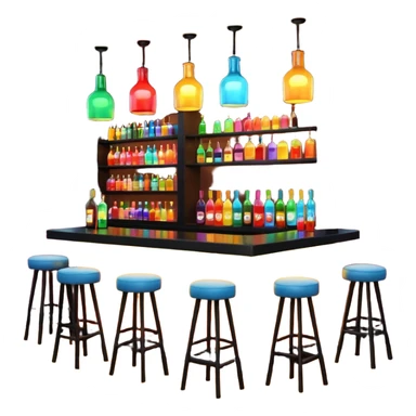 A 3D cartoon bar interior with a counter, glowing shelves of colorful bottles, tall stools, and hanging lights, warm ambient lighting, realistic reflections, Memoji-style. Photo Frame. Negative : Transparent. sticker