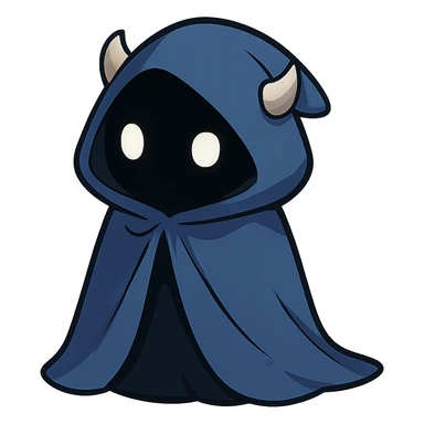 character with a blue cloak, black body, white eyes, small horns under the hood, looking cute and mysterious sticker