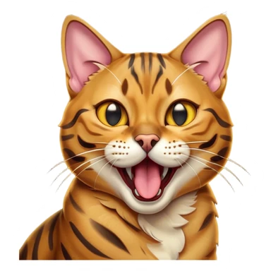 Cinematic Comical Bengal Cat Portrait Emoji, Head tilted dramatically while yawning exaggeratedly, sleek spotted brown and gold fur, Simplified yet hilariously adorable features, highly detailed, glowing with an almost sarcastic glow, high shine, a mix of lazy and curious, stylized with a touch of playful whimsy, bright and alert but with a comical expression, soft glowing outline, capturing the essence of a mischievous yet overly dramatic kitten, so funny it feels like it could leap off the screen and sassily demand attention! sticker
