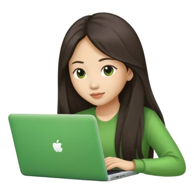 Long hair asian woman working on green laptop sticker