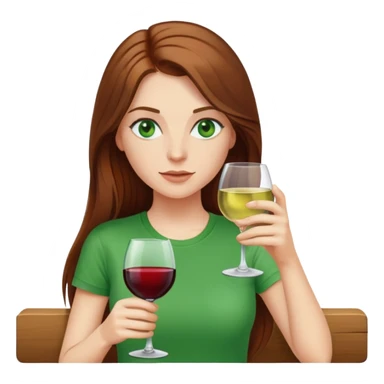 Long brown hair white female emoji drinking a glass of wine wearing a t shirt green eyes sticker
