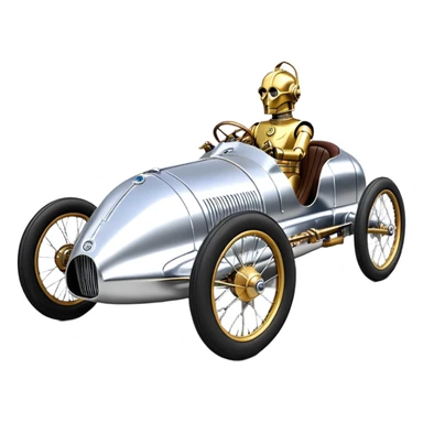  1949 luxury racing C-3PO Rolls Royce lowered powerful 4 cylinder engined silver ghost racing cyclekart with advanced rugged independent suspension, power steering, disc brakes and small leather covered steering wheel  sticker