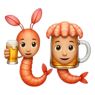 Design a trendy emoji-style illustration of two shrimp peeking from behind text, only half of their bodies visible, curious and playful expressions.
One shrimp holding a beer mug, the other pointing forward.
 sticker
