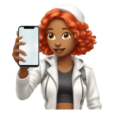 21-Year girl taking selfie in front of mirror. She has bright red hair. The length of her hair is up to shoulders, she wears white body suite and white jacket. She has phone in her hand. Phone has brown case and it's located on her face level sticker