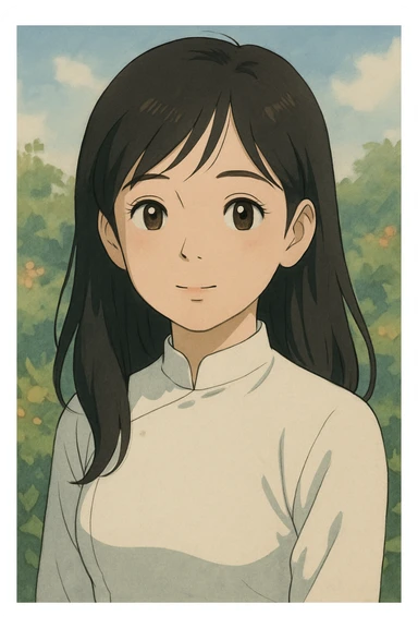 portrait of a Vietnamese girl, ghibli style, soft colors, detailed, anime inspired sticker