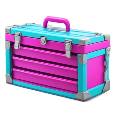 Realistic metallic hot pink and turquoise tool box with top open and purple tools inside of it isolated.  sticker