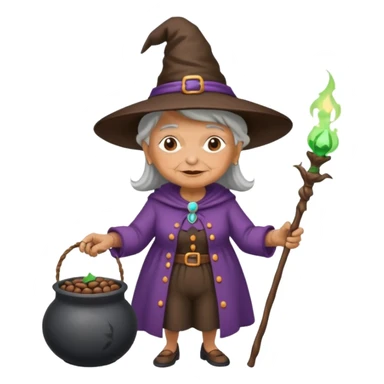 A grandma walking with a magic wand and a cauldron while holding a can of beans sticker