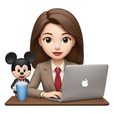 Women in front of one laptop that has a Mickey sticker on it, with a happy face, face fuller, lips plump, full eyebrows, dirty brown hair, light brown big eyes, light pale skin with a iced coffee on the side, business attire, who is typing sticker