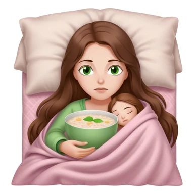 woman with very long brown hair and green eyes in a light pink blanket sleepy with porridge sticker