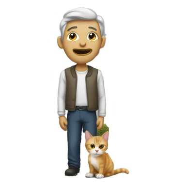 a man and a cat, at behind have a house sticker