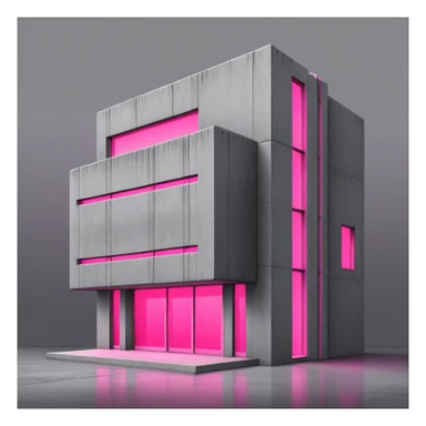 Minimalist gray concrete building with one window glowing bright pink, brutalist architecture sticker