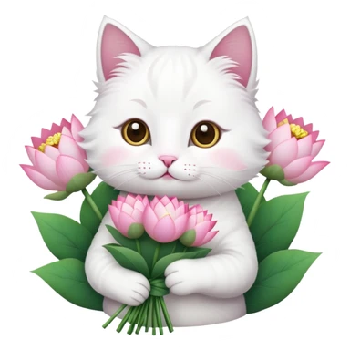 White cat holding a bouquet of lotus flowers sticker