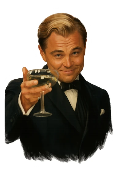 Сделай знаменитый мем с Ди Каприо из Великого Гэтсби, слегка рисованный, но при этом реалистичный объемный стиль, прозрачный фон sticker