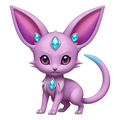 Espeon pokemon, pastel purple body color, dark pink jewel middle of forehead only, end of tail split in two, ear like flaps coming out 
of each cheek, inside of big pointy ears is blue
 (full body) sticker