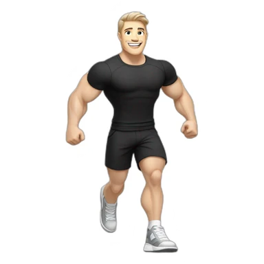 Joyful Celebrating victory Pale skinned Fit Man With the biceps and dark brown hair in black shirt, gray sports shorts and white Sneakers sticker