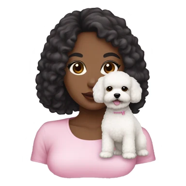 a girl with dark hair, black eyes, white skin, medium curly hair, black eyebrows, wearing pink lipstick, holding a white maltipoo dog, with straight hair  sticker