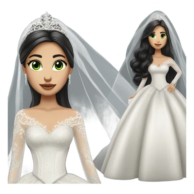 Hyper Realistic ornate ballgown long sleeve Wedding dress with diamanté on Russian bride with light skin and green eyes and long black hair with veil hyper realistic  sticker