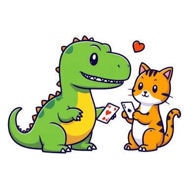 Dinosaur playing card game with a cat sticker