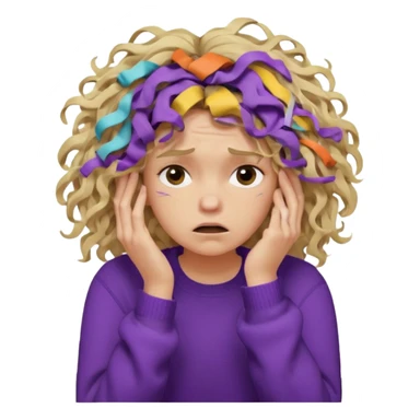 Emoji-style illustration of a frustrated young woman, messy, tangled, curly tousled blonde hair, clearly unkempt and chaotic, wearing a purple sweater, holding her face in her hands, expressing annoyance and disappointment, cartoonish, expressive, simple lines, flat colors, clear silhouette,  sticker