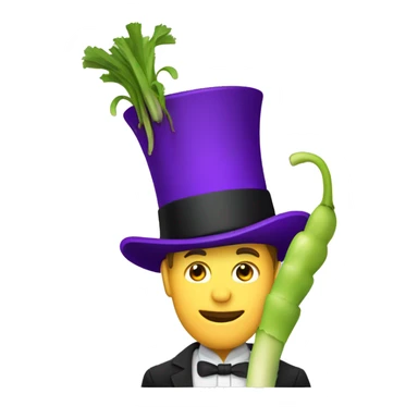 White man wearing a Top Hat with a purple band holding a leek sticker