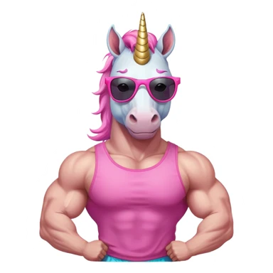 friendly anthropomorphised masculine unicorn with horse-like face, muscular bodybuilder build, in tutu and pink t-shirt, wearing dark sunglasses, relaxed pose, close-crop head and shoulders portrait sticker