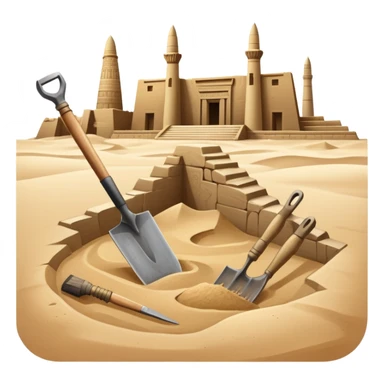 An icon showing archaeological tools—trowel, brush, and pickaxe—laid out on the sand, with the ancient Karnak temple ruins in the background. The design symbolizes exploration and discovery of ancient Egyptian history. Transparent background sticker