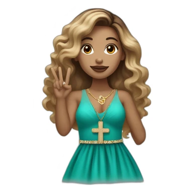 Draw a Latina woman with caramel-colored skin and long wavy dark brown and blonde ombré hair in a turquoise evening dress and wearing a cross necklace, holding up a peace sign sticker