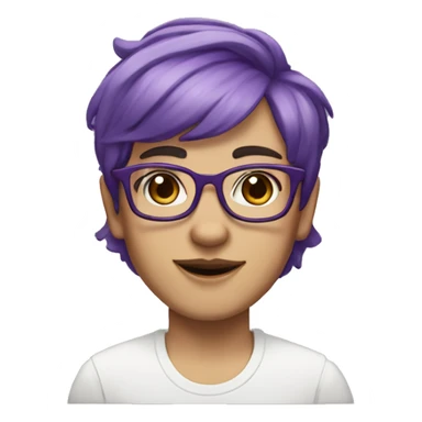 Non binary person with white skin, square glasses, purple hair in a short pixi mullet, brown eyes and a smile  sticker