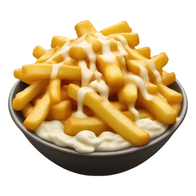 Bowl with fries and cheese curds on top covered in gravy sticker