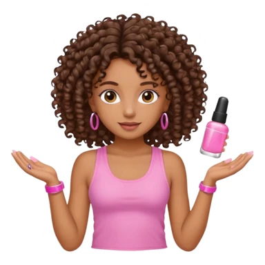 Uma menina com o cabelo cacheado é morena, e com uma regata rosa com unha em gel, é com Baby hair.  sticker