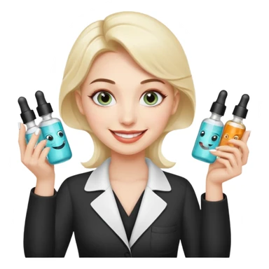 A smiling beautician with cold fake smile, calculating eyes, pointing at your cheek while holding 5 expensive serum bottle. predatory vibe.A face with a fake sweet smile, but the face is slowly consumed by shadows creeping from below. Only the cold, calculating eyes are visible in the dark sticker