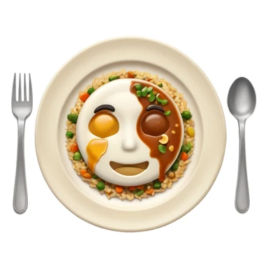3D emoji of a dirty plate after eating, leftover food scraps, vegetable pieces, rice grains, sauce stains on the plate, fork and spoon placed beside the plate, no face, no character, no human features, realistic food leftovers, clean and simple background, soft lighting, high quality, emoji style sticker