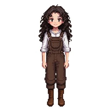 white girl with very curly dark brown hair, brown eyes, wearing farm clothes sticker