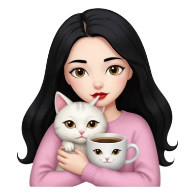 Beautiful Girl Long Hair black, Brows Big , Skin White, Sweater Pale Pink , Big Red Lips, Eyes coffe, Hug Little baby Persa Cream Cat With Cute Eyes sticker