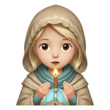 A small girl in a worn winter dress and shawl, holding a glowing matchstick close to her face, eyes wide with soft hope.
 sticker