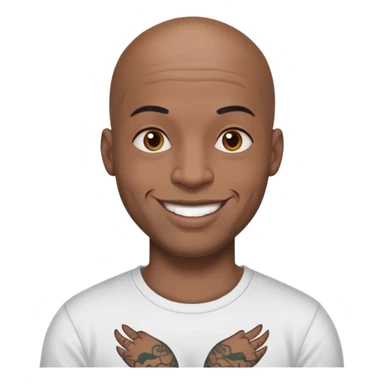 bald black man with bold full face tattoos, happy face, wearing a t-shirt sticker