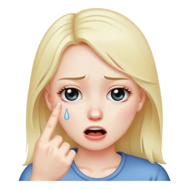 A girl crying while holding up the middle finger sticker