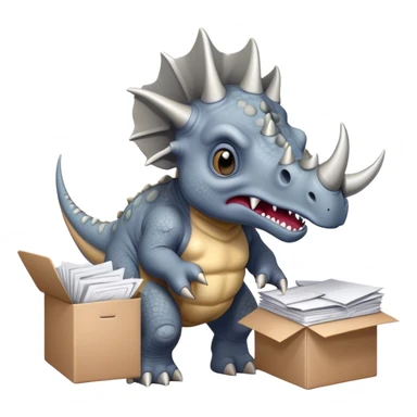 angry office triceratops holding a huge boxe bursting with a lot of documents and papers sticker