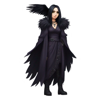 the morrigan goth woman version vines style furr robe stylish boots, perfect eyes, raven on hand sticker