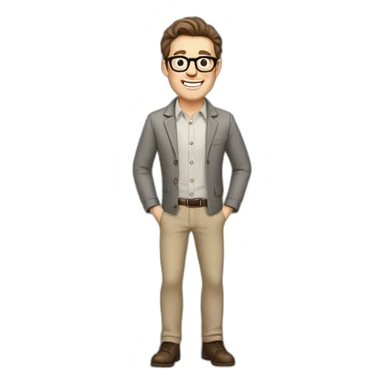 Joyful Pale skinned Fit Man With dark brown hair in gray jacket, beige office shirt, Brown pants and vintage glasses. His thrumbs up sticker